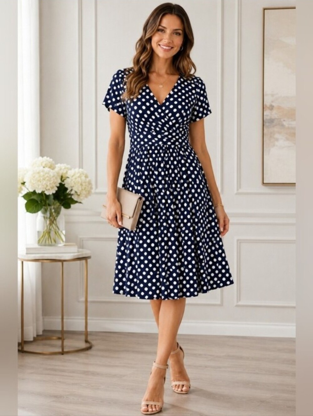 LILBETTER Navy White Polka Dot Wrap Midi Dress Pockets M NWT
